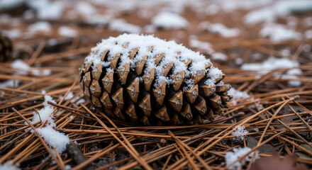 Pine cone covered in snow on brown pine needles in winter  