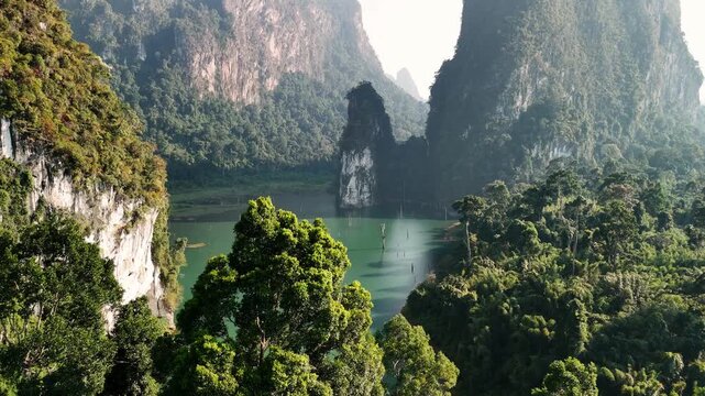Aerial view of cheow lan lake among rainforest and limestone karsts in khao sok national park, Thailand.