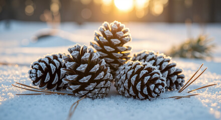 Snow-covered pine cones on the ground in winter forest setting  