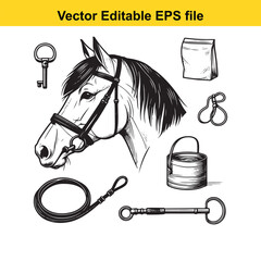 Vector art of equestrian portrait featuring a horse head with bridle, surrounded by horse tack and supplies like a bucket and feed bag