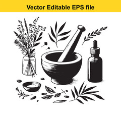 Vector art of herbal medicine preparation with mortar and pestle, botanical elements, and essential oil bottle
