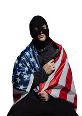 Masked robber with a gun wrapped in the US flag on a transparent background PNG