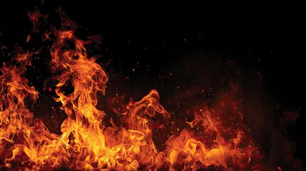 Bright Orange Fire Flames Burning Against Black Background