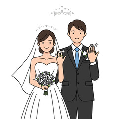 Joyful newlywed couple proudly displaying sparkling wedding rings, celebrating their special day with love and commitment