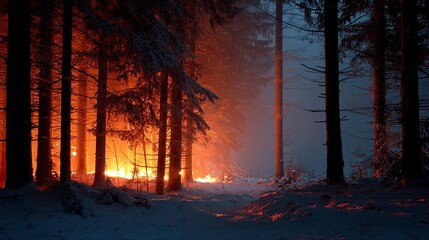 Forest Fire at Night in Snowy Coniferous Forest with Bright Flames and Smoke