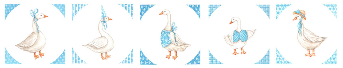 Goose family watercolor illustration set. Vintage postcards. Fairytale illustrations. Birthday, baby shower, nesting party. Nursery. Isolated illustration. For printing on posters, fabric, textiles