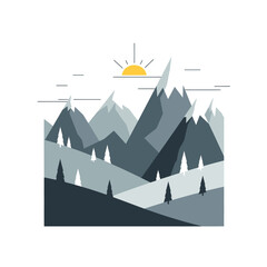 Serene mountain landscape with minimalist trees and rising sun, evoking peaceful adventure and natural beauty
