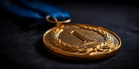 Gold Medal Award with Blue Ribbon Laid on Dark Surface for Sports or Competition