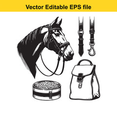 Vector art of black and white illustration of a horse head with bridle, a bowl of feed, a saddlebag, and horse tack
