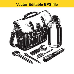 Vector art of black and white illustration of a messenger bag, a water bottle, and various tools including wrenches and a flashlight