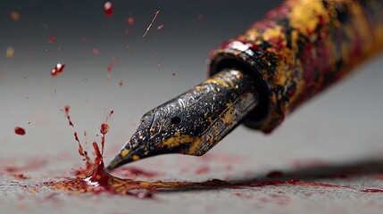 Close-up of a Fountain Pen with Ink Splashes on Surface in Artistic Style