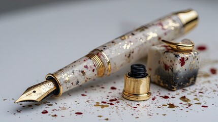 Elegant Marbled Fountain Pen with Gold Accents and Ink Bottle in Artistic Scene