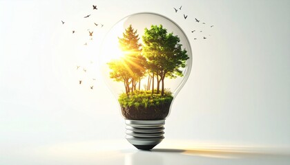 Transparent light bulb containing miniature forest with sunlit trees and grassy terrain