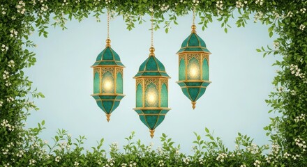 Three ornate green lanterns hanging amidst lush green foliage