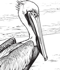portrait-graceful-brown-pelican-beach vector line art
