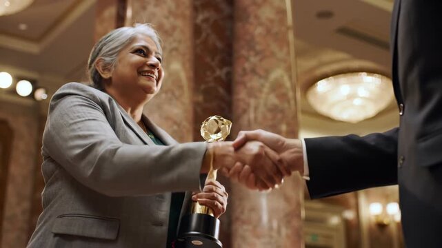 Woman shakes hands accepting achievement award at business event, showing success and recognition with business handshake.