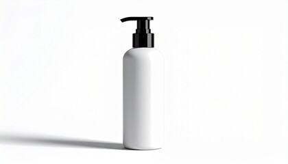 Minimalist white cylindrical bottle with black pump dispenser—standing upright against plain white background