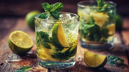 Refreshing Lemon Mint Drink in Glasses with Ice and Fresh Ingredients