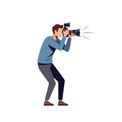 Dynamic professional photographer actively capturing moments with high-tech camera and flash, ready for action and storytelling.