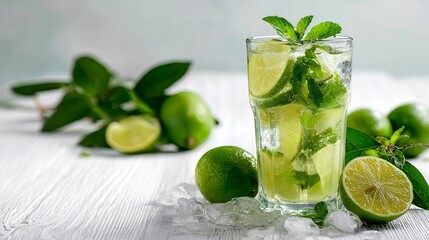 Fresh Lime Mint Drink in Clear Glass with Ice and Green Fruits on White Wooden Surface