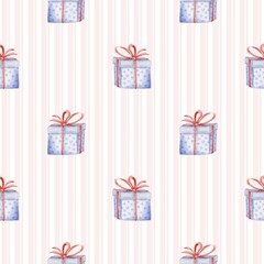 Seamless pattern with watercolor blue gift boxes tied with red ribbon on pink striped background. Perfect for Christmas, birthday festive wrapping, textiles, greeting cards, holiday decorations