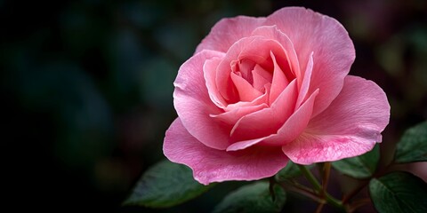 Pink Rose Flower Blooming in Garden with Dark Background