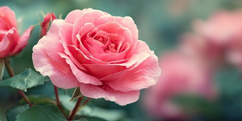 Pink Rose Bloom with Green Leaves in Soft Focus Garden Scene