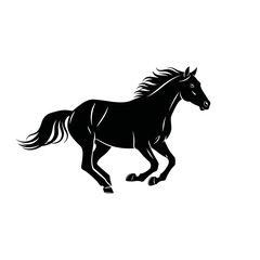 Dynamic black horse silhouette gallops with flowing mane and tail, symbolizing freedom and power against a clean white background.