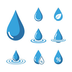 Collection of fresh blue water drop icons symbolizing purity, nature, and hydration for modern designs