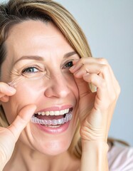Woman holding clear dental aligners