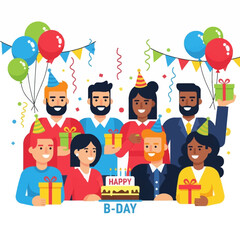 Joyful diverse group celebrates birthday with gifts, balloons, and cake, radiating happiness and camaraderie in a festive office setting