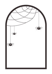 Halloween black silhouette arch with spider web and spiders hang from the web cut out of paper. Cute spooky vertical transparent templates with copy space.