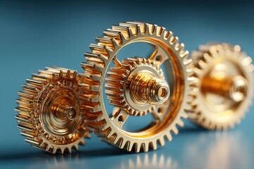 Golden gears and cogs arranged on a blue surface showcase intricate mechanical design and interconnectedness representing innovation, progress, and engineering
