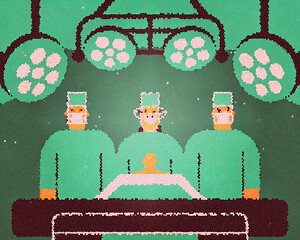 Three surgeons in scrubs and masks performing surgery under bright operating room lights