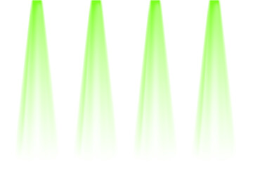 Four green light beams isolated on transparent background, spotlight effect