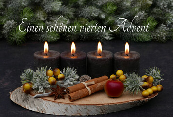 Adventsdekoration: Arrangement für den vierten Advent : Dekoration mit vier braunen Adventskerzen  Vier Kerzen brennen zum 4. Advent.