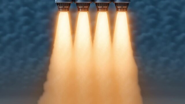 Rocket engines ignite with powerful flames and smoke, captured close-up during liftoff as thrust increases creating dynamic launch sequence against cloudy sky background.