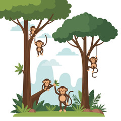 Playful monkeys swinging and climbing in lush jungle trees, bringing vibrant natural fun to any project.