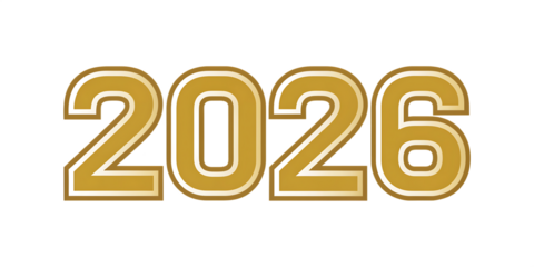 Bold Golden 2026 Numbers with White and Blue Outline on Black Background numerals year isolated on a transparent background
