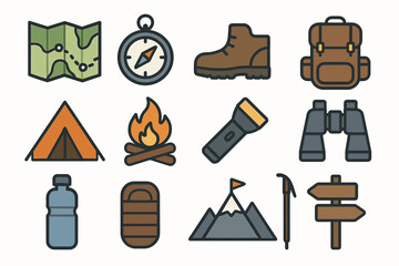 Camping adventure icons: map, compass, tent, and more outdoor essentials