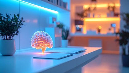 Mindfulness AI interface prototype in serene neuro-lab 