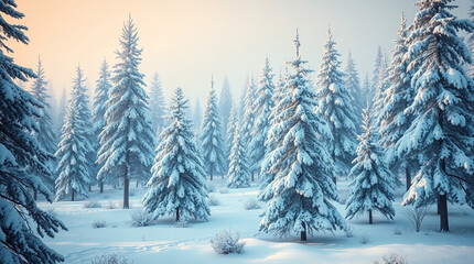 Fototapeta premium Snow-dusted pine trees stand tall amidst a serene winter landscape, set against a soft, gradient blue sky