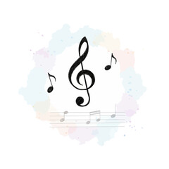 Artistic illustration of a classic treble clef, musical notes, and staff against a colorful watercolor splash background, symbolizing rhythm, melody, and creative passion