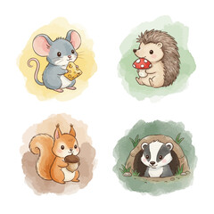 Fototapeta premium Sweet and charming watercolor set featuring beloved woodland creatures a cute mouse, a friendly hedgehog, a playful squirrel, and a curious badger, all rendered with soft, artistic flair
