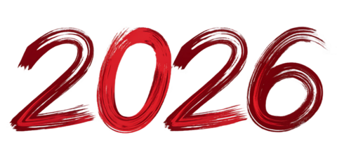 Bold Red Brush Stroke Numbers Forming the Year 2026 on a Black Background brush strokes paint isolated on a transparent background