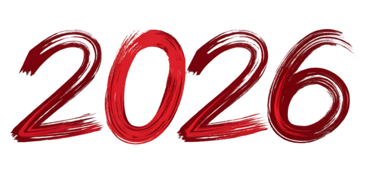 Bold Red Brush Stroke Numbers Forming the Year 2026 on a Black Background brush strokes paint isolated on a transparent background