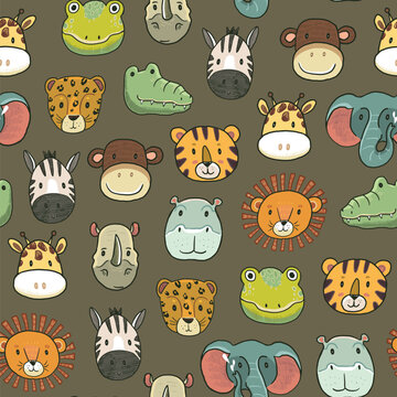 African animals funny heads vector seamless pattern.
