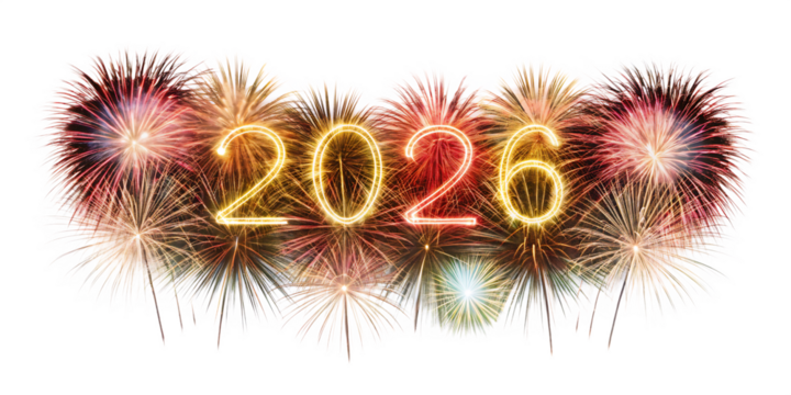 Bright Fireworks Display Illuminating the Numbers 2026 in Golden Light year isolated on a transparent background