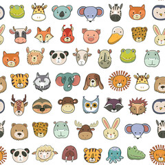 Seamless pattern with cute hand drawn animals heads. Vector illustration.