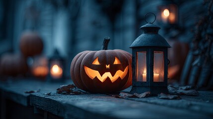 Halloween Pumpkin Carving with Lantern and Candles on Rustic Wooden Surface